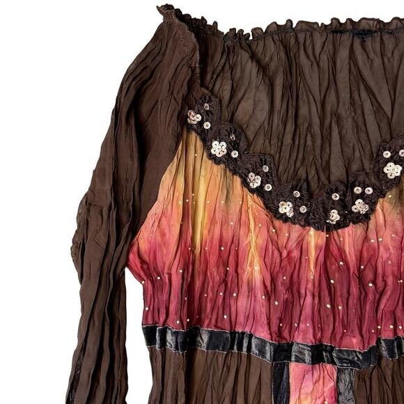 American Vintage Tops - VTG Y2K Brown Pink Velvet Sheer Sequined Top Women's Size Small / Medium